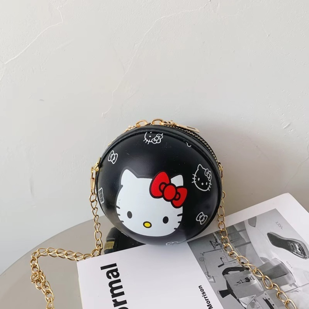Hello Kitty Black Round Crossbody Bag Gold Chain Shoulder Purse New